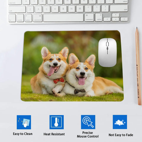 Keyboard, pencil, and mouse on Twenty Pack White Mouse Pads 3mm Thick For Heat Press Printing Bulk Mousepad Blanks For Heat Transfer Crafts 22x18x0.3 Cm Compatible With Wired Wireless Optical Mechanical And Laser Mice Awesome For Personal Photos Logos And Gifts with corgi image