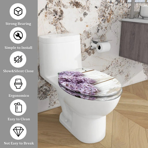 Toilet Seat Elongated Resin for Bathroom Use with floral design, measures 14.5" x 18.5", easy to clean.