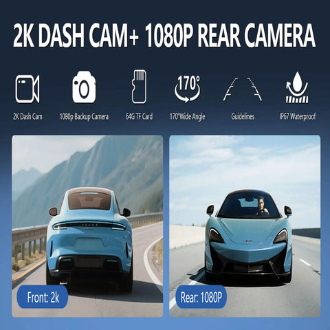 8.1 Inch Portable Wireless CarPlay Screen With 2K Dash Cam And 1080P Backup Camera display showing split-screen of dash cam footage