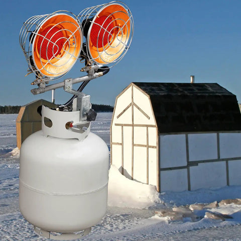 Infrared Propane Heater With Dual Burners For Outdoors, 30,000 BTU Outdoor Patio Heater With Refillable Tank in snowy setting