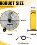 30 Inch Heavy Duty Industrial Drum Fan With Smooth Rolling Wheels Blows 12800 Cfm Hella Badass Airflow dimensions and power cord detail.
