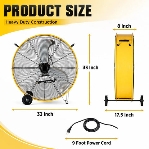 30 Inch Heavy Duty Industrial Drum Fan With Smooth Rolling Wheels Blows 12800 Cfm Hella Badass Airflow dimensions and power cord detail.
