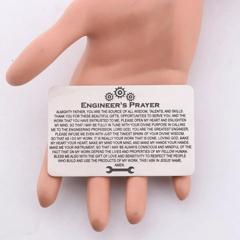 Techie Engineer Gift For Men Engineers Prayer Wallet Card Featuring Electrical And Mechanical Engineering Themed Jewelry For Engineers A Solid Fathers Day Retirement Gift For Dad Or Grandfather, engraved stainless steel card in hand.