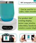 YVV Rotating LED Display Stand With Colorful Lights Spinning Platform Electric Turntable For Jewelry Glass Art Watches Collectibles 4.72 Inch Adjustable Speed White Base showcasing a turquoise cup on turntable.