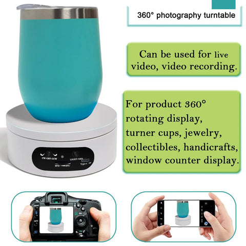 YVV Rotating LED Display Stand With Colorful Lights Spinning Platform Electric Turntable For Jewelry Glass Art Watches Collectibles 4.72 Inch Adjustable Speed White Base showcasing a turquoise cup on turntable.