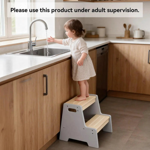 Rock Solid Wood Two Tier Step Stool For Kids Built Tough With Slip Secure Bottom Pads For Bathroom Sink And Kitchen Counter Toddler Ladder Kid Tested And Approved For Daily Use