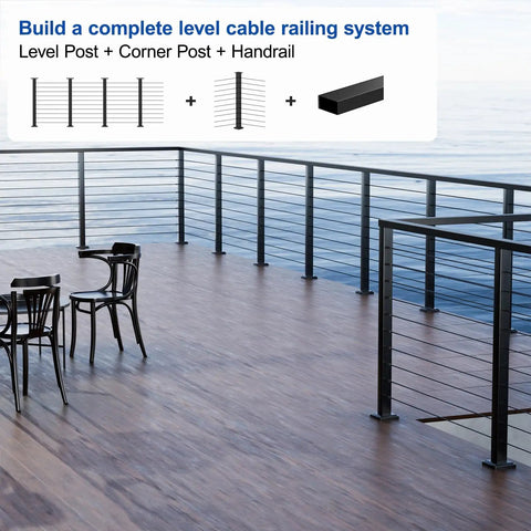 Pro Grade Matte Black Cable Railing Handrail Four Pack 6 Feet 6 Inches Solid Stainless Steel Tubing patio setup with chairs