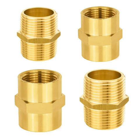 Four Pack Brass Pipe Fittings Set With Two One Inch Male Adapters And Two One Inch Female Adapters Hex Nipples NPT