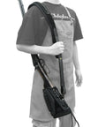 Person wearing Durable Leather Rifle Stock Cover With Built In Recoil Pad And Cartridge Sling For Calibers rifle set