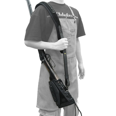 Person wearing Durable Leather Rifle Stock Cover With Built In Recoil Pad And Cartridge Sling For Calibers rifle set
