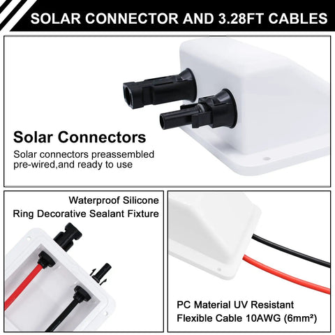Solar Cable Entry Gland Kit With 10 AWG 3.28 Ft Extension Cable For RV Boat Camper Van Marine Grade All Weather Heavy Duty UV Resistant Waterproof Junction Box White Featuring Tinned Copper Conductors And Halogen Free XLPE XLPO Insulation. White solar junction box with prewired 10 AWG cable entry glands