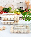 Clear Plastic Egg Holder For Refrigerator With Auto Rolling Design, Stackable 3 Drawer Egg Storage Box, 54 Egg Capacity in use