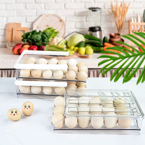 Clear Plastic Egg Holder For Refrigerator With Auto Rolling Design, Stackable 3 Drawer Egg Storage Box, 54 Egg Capacity in use