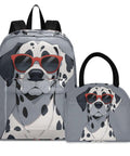 Dalmatian Print Backpack With Insulated Lunch Cooler featuring a Dalmatian with sunglasses, lightweight nylon, ideal for work and school.