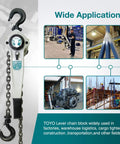 Front view of TOYO lever chain hoist, gray alloy body with top suspension hook and bottom load hook, 1.6T, 20ft chain