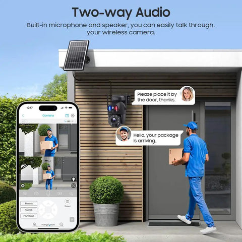 Rugged 4G LTE Solar Security Camera With 50X Optical Zoom, 6MP HD, Color Night Vision at front door with two-way audio demonstration