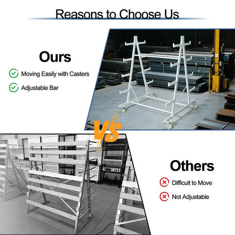 Comparison of two pipe storage racks, highlighting the Beefy Heavy-Duty Rolling Pipe Storage Rack With Wheels and its mobility advantages.
