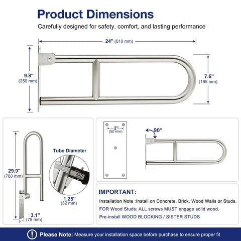 Foldable Toilet Grab Bar 24 Inch Stainless Steel Handrail Heavy Duty Bathroom Safety Rail with dimensions and installation info.