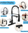 Top Shelf Matte Black Kitchen Faucet With Pull Down Sprayer Featuring Killer Dual Spray Functions And Lead Free Nsf Certified Build Perfect For Farmhouse Rv Camper Laundry Sinks With Smooth Flow Aerators functionality diagram showing 360° rotation and stretchable hose.