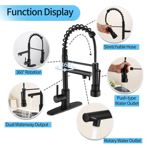 Top Shelf Matte Black Kitchen Faucet With Pull Down Sprayer Featuring Killer Dual Spray Functions And Lead Free Nsf Certified Build Perfect For Farmhouse Rv Camper Laundry Sinks With Smooth Flow Aerators functionality diagram showing 360° rotation and stretchable hose.