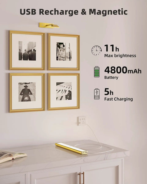 Rechargeable Picture Light With Remote, 16 Inch Wireless Dimmable LED Wall Light For Art, Gold Finish, Gallery Use