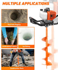 63cc Gas Powered Post Hole Digger Auger Drill With 8 Inch Drill Bits for multiple applications in garden and construction work
