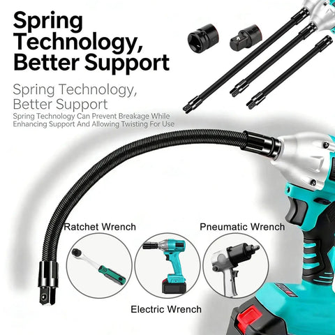 1/2 Inch Flexible Shaft Extension for Tight Spots, Torque Socket Extender and Ratchet Spanner Adapter shown with wrenches