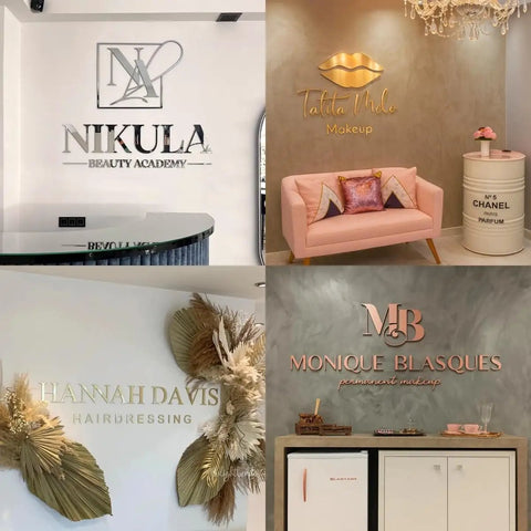 Collage of four salon wall displays featuring different customized 3D laser-cut acrylic signs for brand visibility and modern decor.