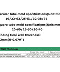 Techtongda Electric Pipe Tube Bender Roller specifications table for circular and square molds, showing dimensions and wall thickness.