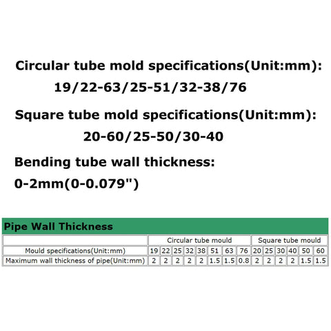 Techtongda Electric Pipe Tube Bender Roller specifications table for circular and square molds, showing dimensions and wall thickness.