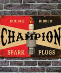 Badass Vintage Metal Tin Signs Retro Garage Wall Decor For Guys Classic Auto Shop Posters Gas Station Art Sweet Man Cave Must Haves Slick 5 Piece Set 8X12 Inch featuring a Champion spark plugs design on a rusted tin sign.