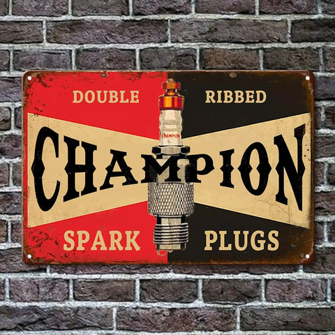 Badass Vintage Metal Tin Signs Retro Garage Wall Decor For Guys Classic Auto Shop Posters Gas Station Art Sweet Man Cave Must Haves Slick 5 Piece Set 8X12 Inch featuring a Champion spark plugs design on a rusted tin sign.