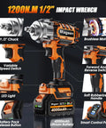 Half Inch Cordless Impact Wrench With High Torque Brushless Motor 900 Ft-Lb 1200 Nm 3800 RPM features callouts