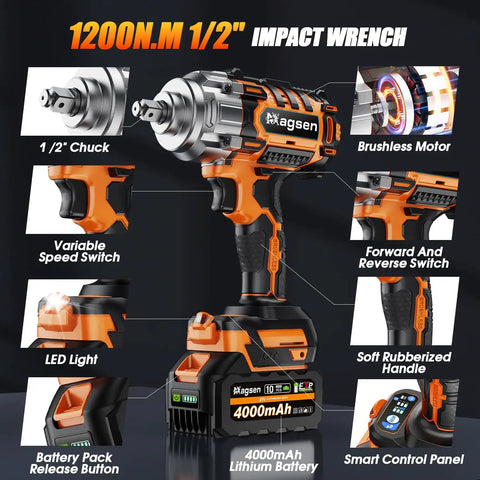 Half Inch Cordless Impact Wrench With High Torque Brushless Motor 900 Ft-Lb 1200 Nm 3800 RPM features callouts