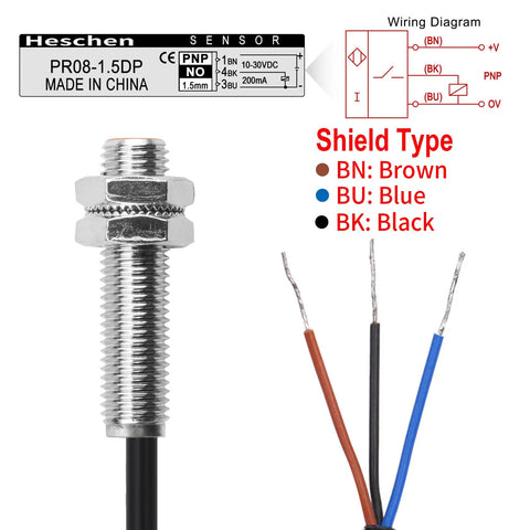 M8 Inductive Proximity Sensor Switch 1.5mm Sensing Distance DC 12 To 24V 3 Wire PNP Normally Open with wiring diagram and labels
