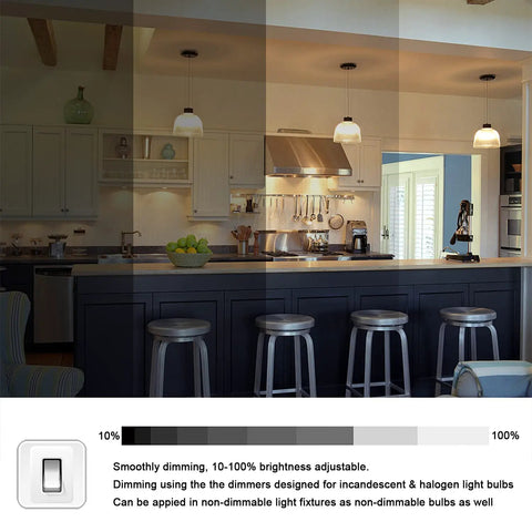 Kitchen illuminated by G4 Halogen Bulb 20W 12V Dimmable, warm white light at varying brightness levels highlighting dimmable feature