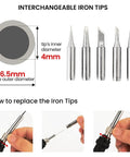 Diagram and images of interchangeable iron tips for 60W Adjustable Soldering Iron Kit With 25 In 1 Tool Set, showing 4mm and 6.5mm sizes.