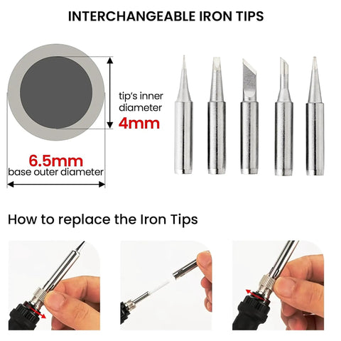 Diagram and images of interchangeable iron tips for 60W Adjustable Soldering Iron Kit With 25 In 1 Tool Set, showing 4mm and 6.5mm sizes.
