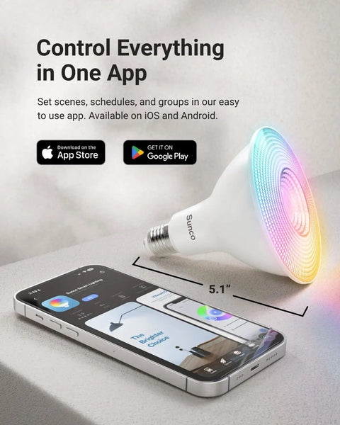 PAR38 Smart LED Flood Light Bulb With WiFi Color Change RGB And Tunable White, 13W Dimmable, next to smartphone app