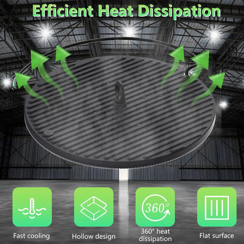 UFO High Bay LED Light 500W 50000LM Daylight 6000K 6500K IP65 Waterproof heat dissipation feature in a warehouse setting.