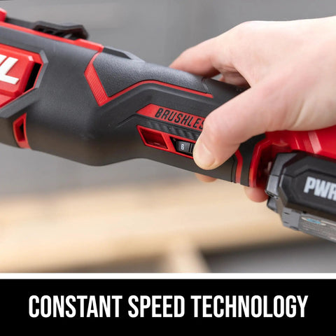 Heavy Duty 20V Brushless Cordless Oscillating Multi Tool Kit showing brushless motor speed control dial for DIY tasks.
