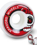 Close-up of red skateboard wheel with graphic, 52mm x 32mm, 101A, set of 4, for street, park, bowl tricks, smooth glide, even load