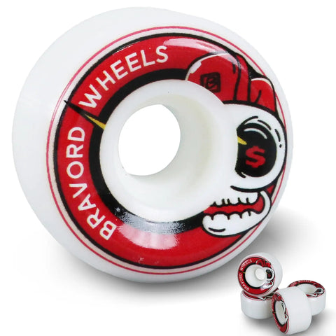 Close-up of red skateboard wheel with graphic, 52mm x 32mm, 101A, set of 4, for street, park, bowl tricks, smooth glide, even load