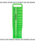 Front view of green 3/8 Inch Drive Magnetic Socket Organizer Tray, holds up to 28 sockets, with secure grip, fits toolbox or garage.
