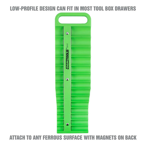 Front view of green 3/8 Inch Drive Magnetic Socket Organizer Tray, holds up to 28 sockets, with secure grip, fits toolbox or garage.