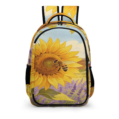 Go To Unisex Daypack With Large Capacity Sunflower Lavender Bee Farm Print Polyester Backpack front view