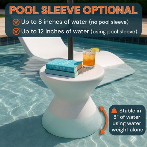 Versatile ShadeTable Pool Umbrella Table For In Pool Or On Deck Use with books and drink on top, shows stability feature.