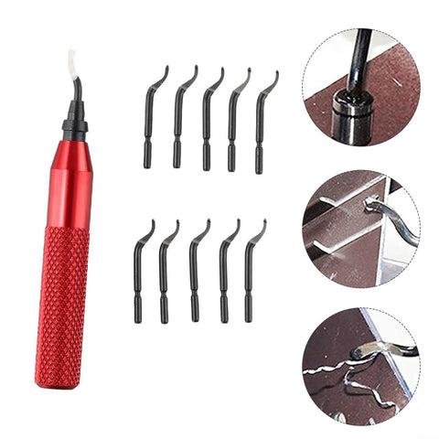 RB3000 metal deburring tool set with red storage handle and ten BK3010 HSS blades