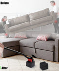Before and after using the 29 inch long furniture lifter tool set to move a heavy sofa with ease.