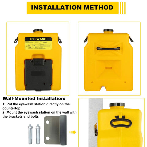 Portable Eyewash Station Emergency OSHA Approved Wall Mounted Eye Wash First Aid 14 Gallon Eye Irrigation Equipment For Quick Eye Flushes And Spill Response installation steps and components.